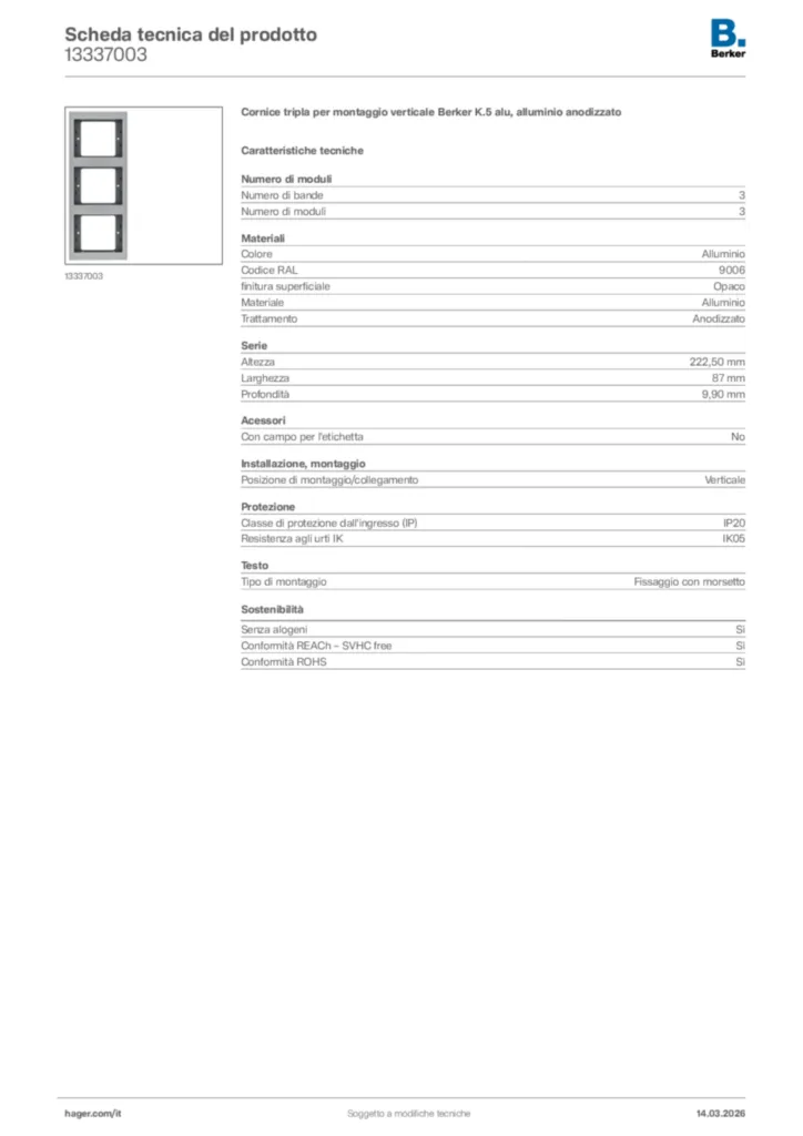 Immagine Berker Scheda tecnica del prodotto 13337003 | Hager Italia
