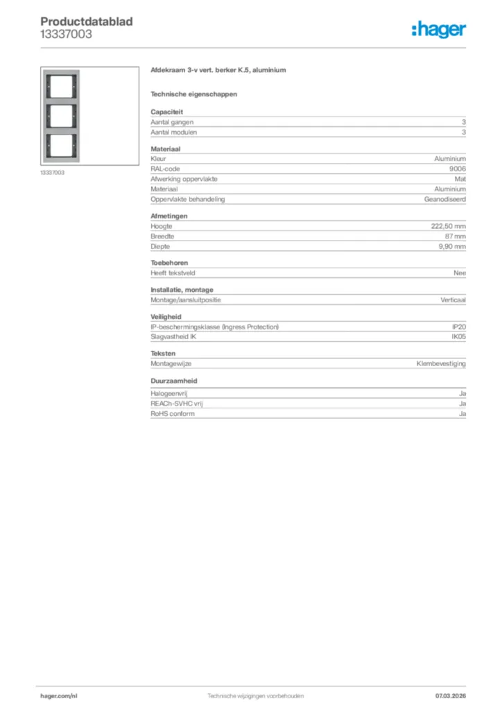Afbeelding Hager Productdatablad 13337003 | Hager Nederland