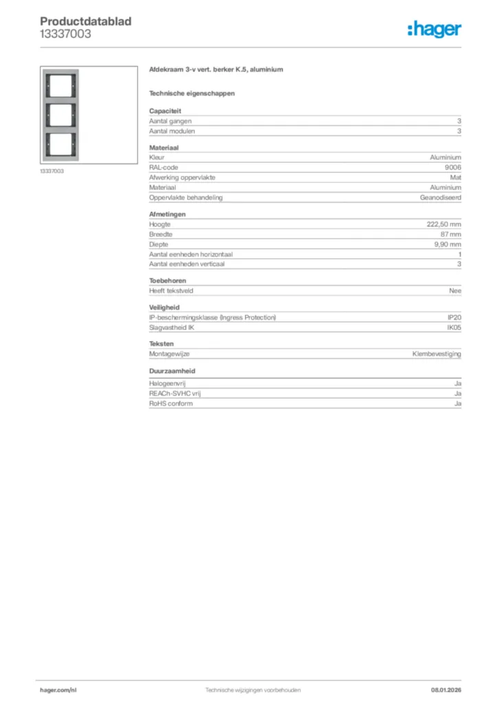 Afbeelding Hager Productdatablad 13337003 | Hager Nederland