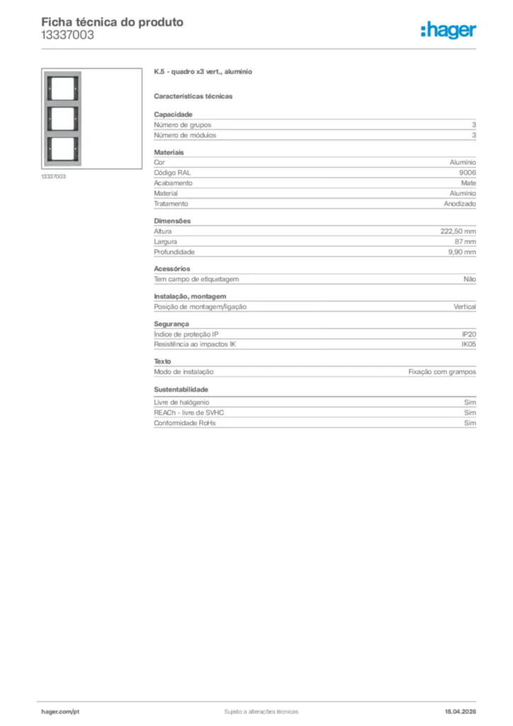 Imagem Hager Ficha técnica do produto 13337003 | Hager Portugal