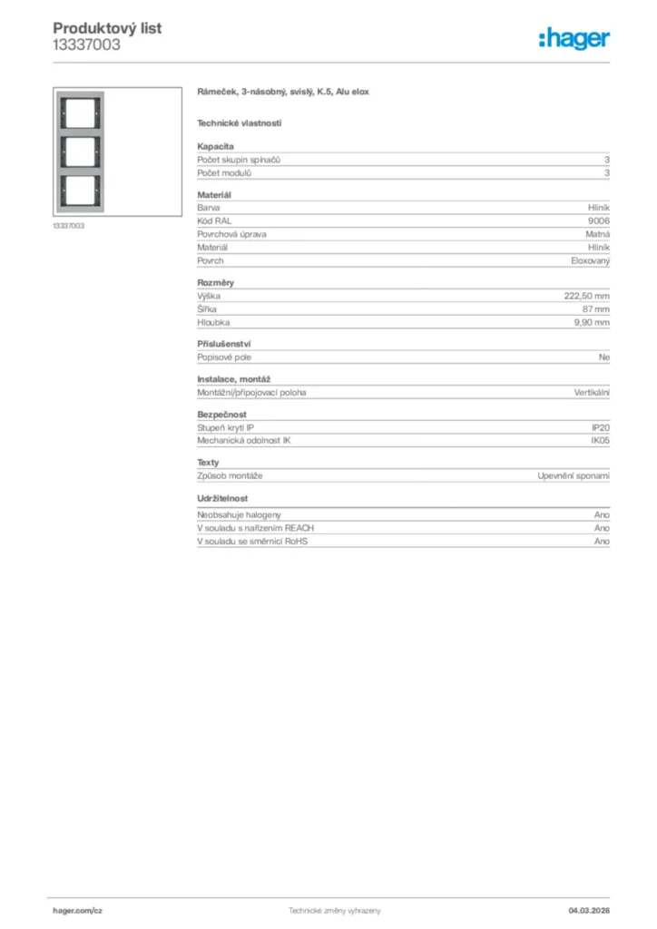 Obrázek Hager Product data sheet 13337003 | Hager