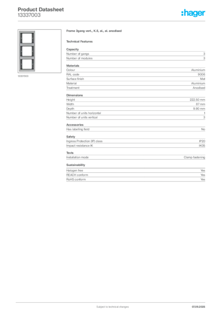 Image Hager Product data sheet 13337003  | Hager