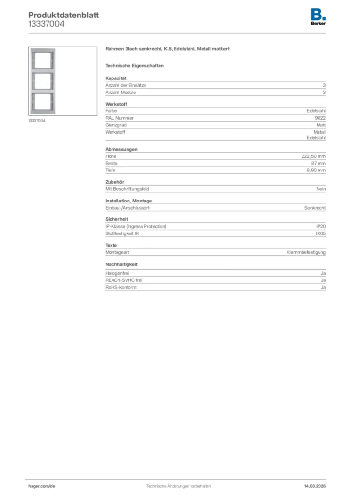 Bild Berker Produktdatenblatt 13337004 | Hager Deutschland