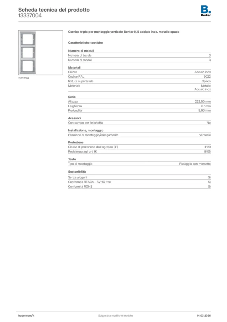 Immagine Berker Scheda tecnica del prodotto 13337004 | Hager Italia