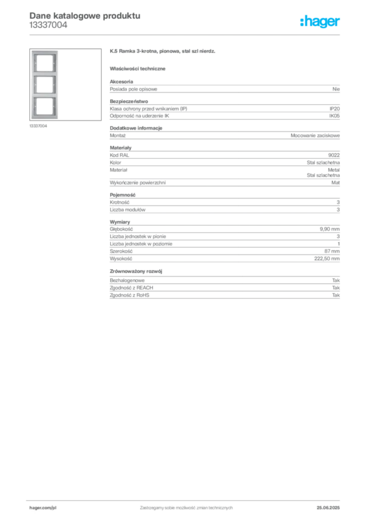 Zdjęcie Hager Karta katalogowa 13337004 | Hager Polska
