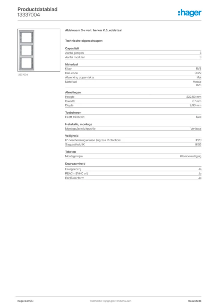 Afbeelding Hager Productdatablad 13337004 | Hager Nederland