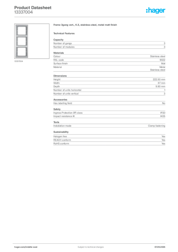 Image Hager Product data sheet 13337004  | Hager