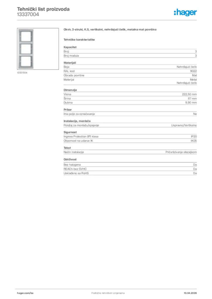 Slika Hager Tehnički list proizvoda 13337004  | Hager