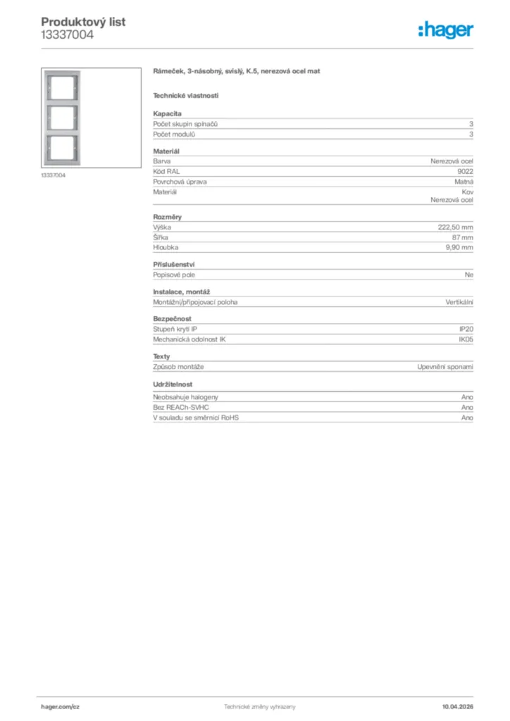 Obrázek Hager Product data sheet 13337004 | Hager