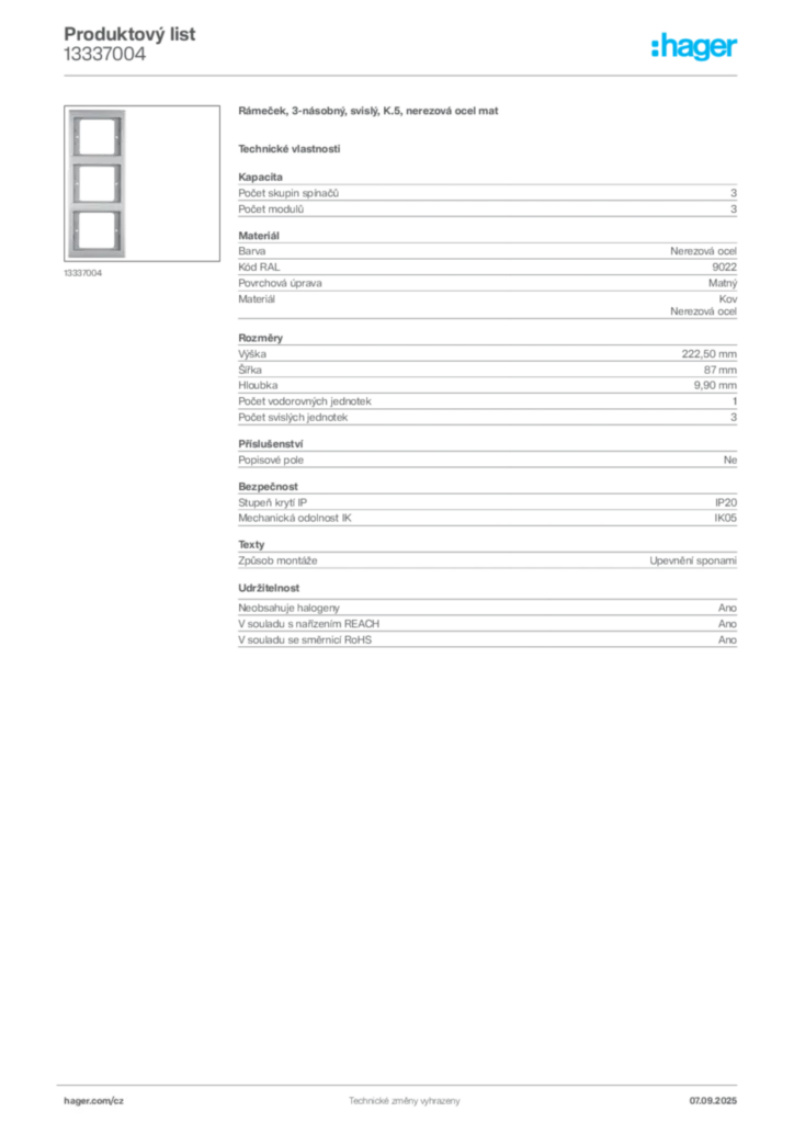 Obrázek Hager Produktový list 13337004 | Hager