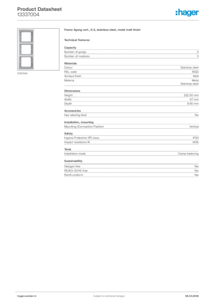 Image Hager Product data sheet 13337004  | Hager