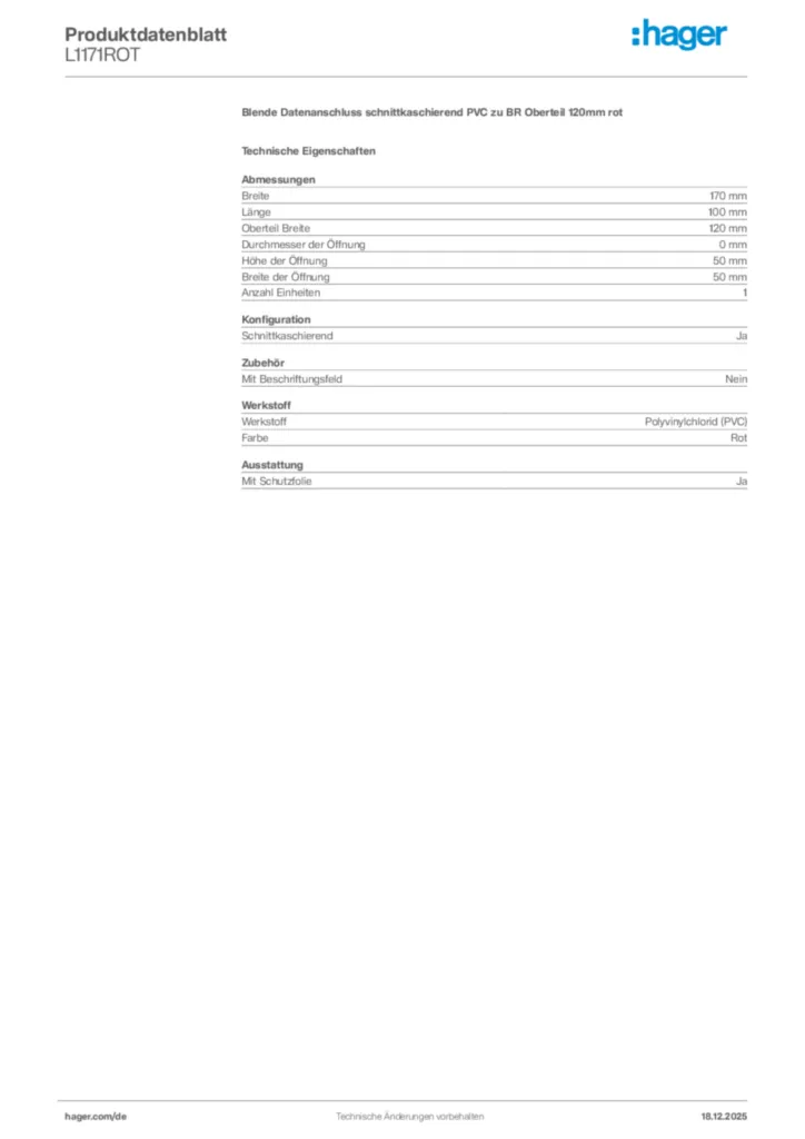 Bild Hager Produktdatenblatt L1171ROT | Hager Deutschland