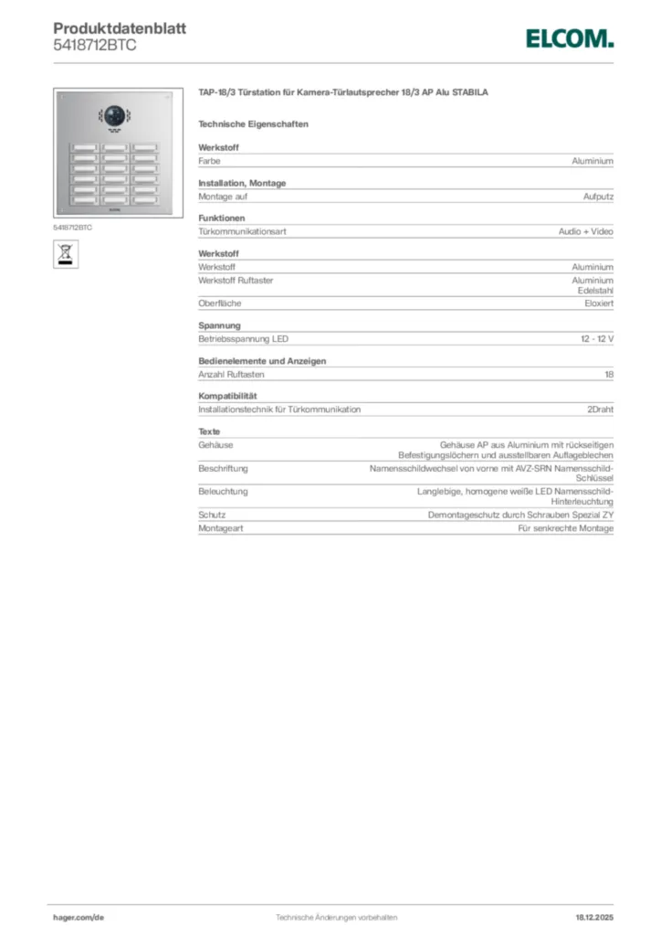 Bild Elcom Produktdatenblatt 5418712BTC | Hager Deutschland