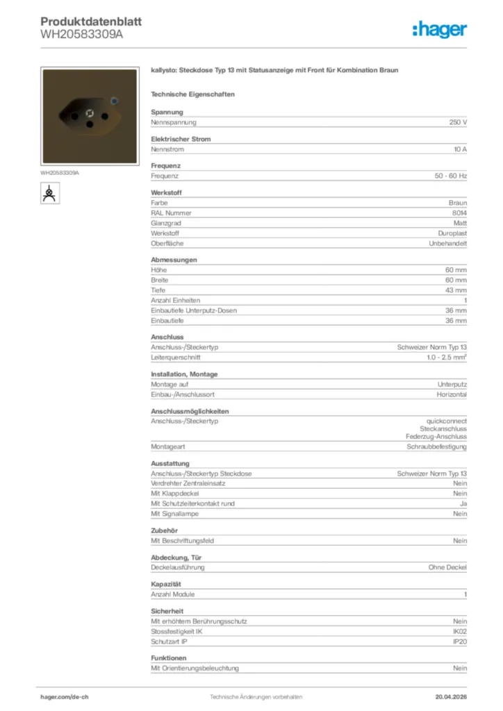 Bild Hager Produktdatenblatt WH20583309A | Hager Schweiz