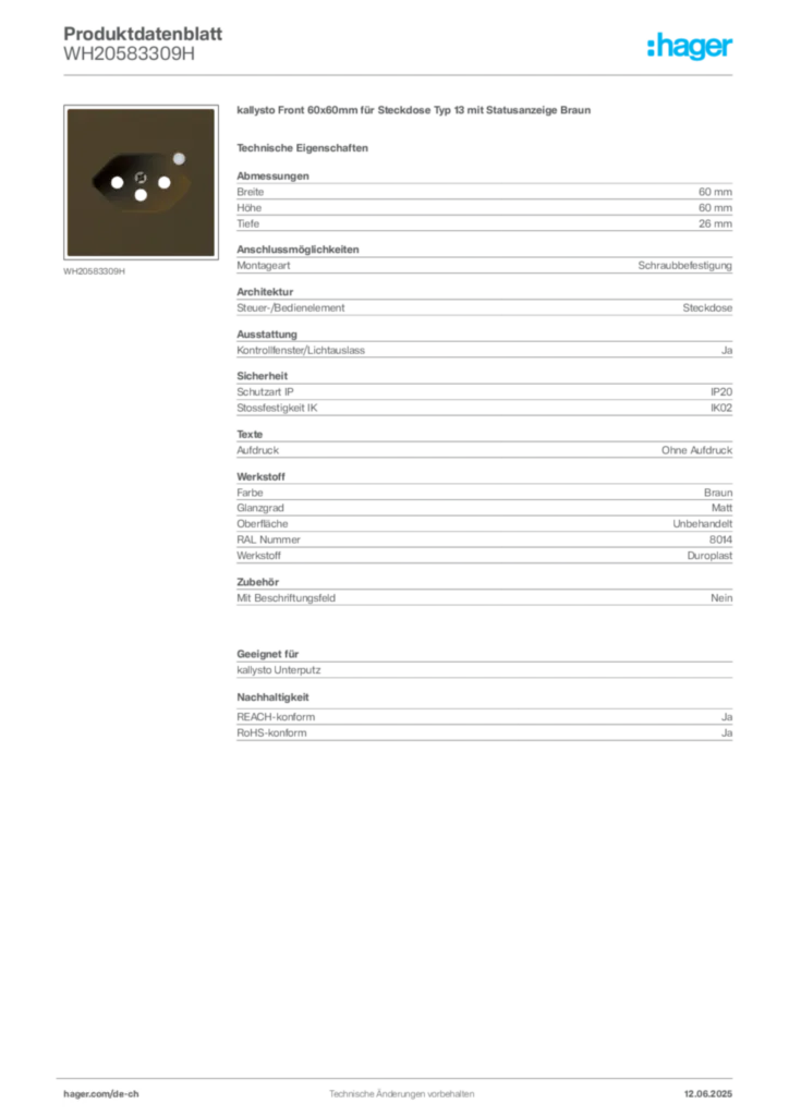 Bild Hager Produktdatenblatt WH20583309H | Hager Schweiz