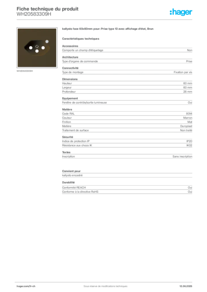 Image Hager Fiche technique du produit WH20583309H | Hager Suisse