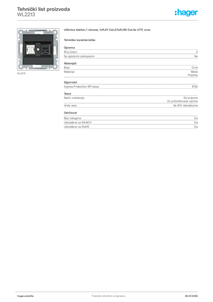 Slika Hager Product data sheet WL2213  | Hager