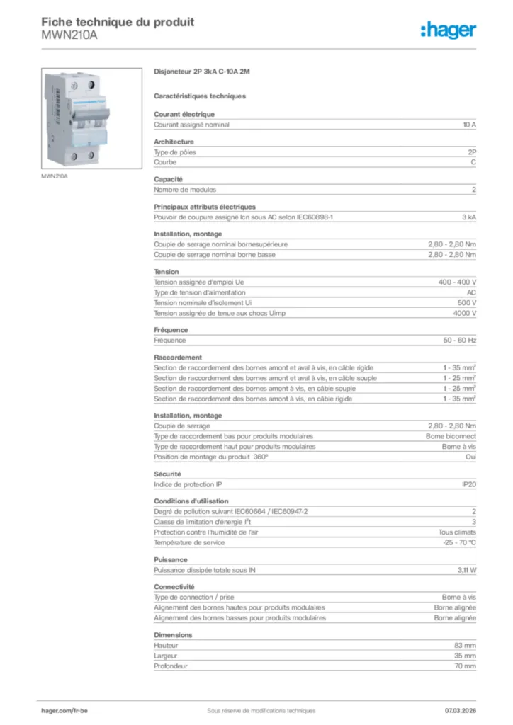 Image Hager Fiche technique du produit MWN210A | Hager Belgique