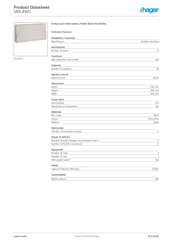 Image Hager Product data sheet VML916C  | Hager
