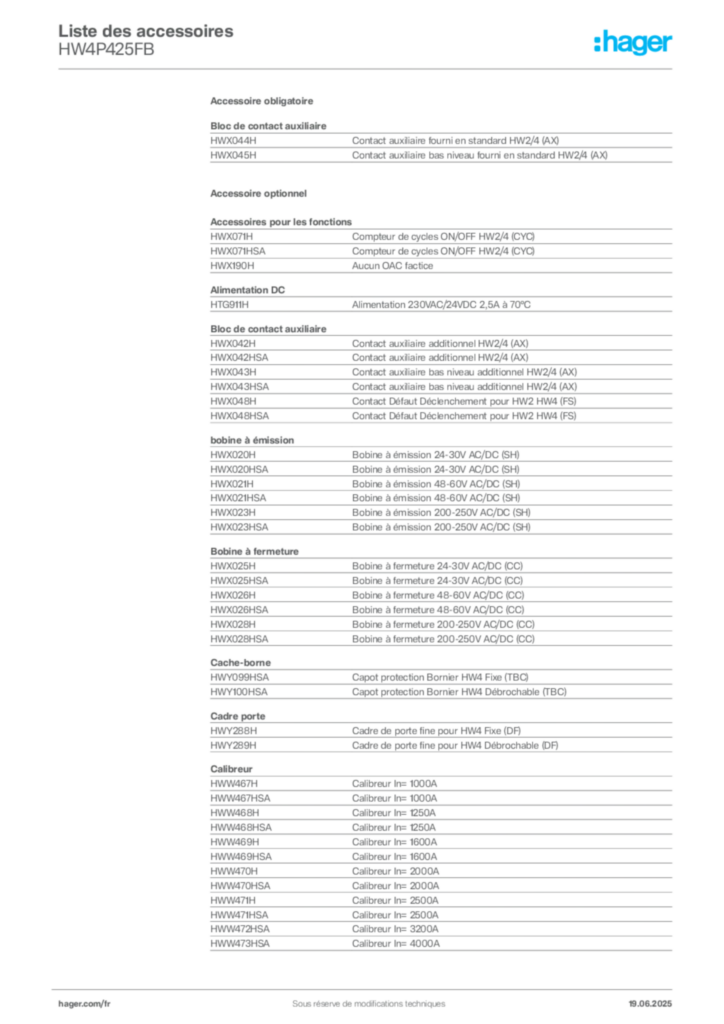 Image Hager Fiche technique du produit HW4P425FB | Hager France