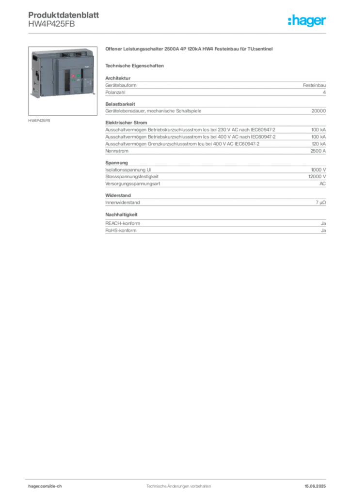Bild Hager Produktdatenblatt HW4P425FB | Hager Schweiz