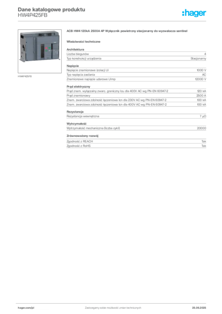 Zdjęcie Hager Karta katalogowa HW4P425FB | Hager Polska