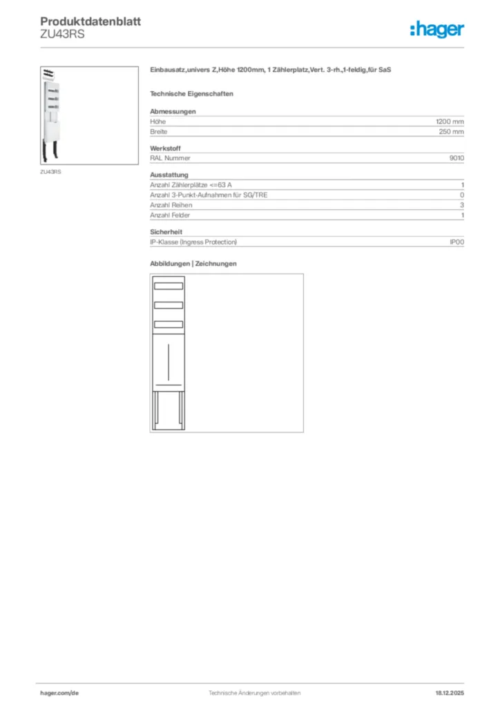 Bild Hager Produktdatenblatt ZU43RS | Hager Deutschland