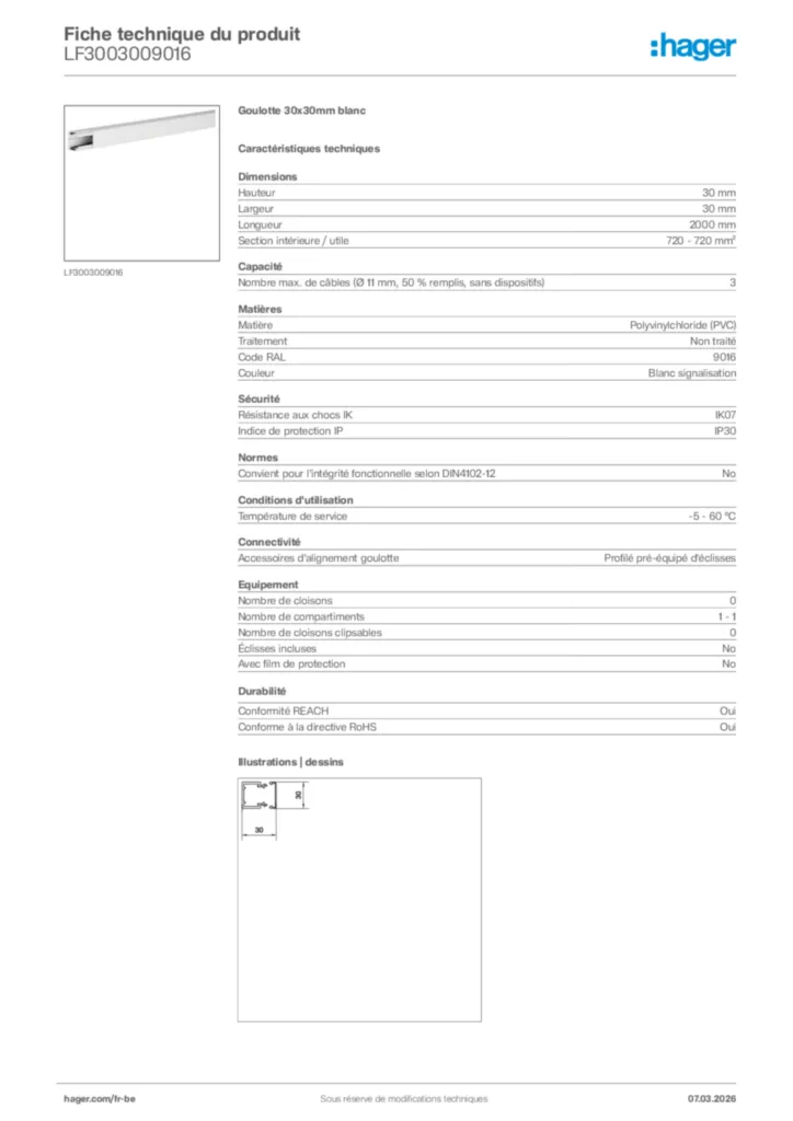 Image Hager Fiche technique du produit LF3003009016 | Hager Belgique