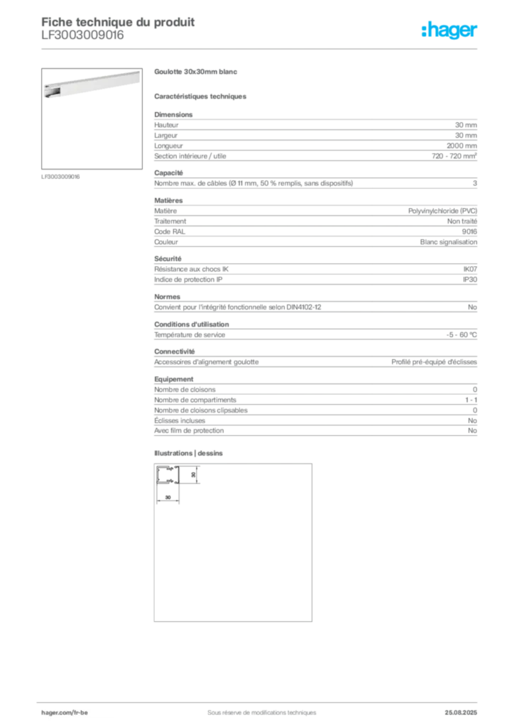 Image Hager Fiche technique du produit LF3003009016 | Hager Belgique
