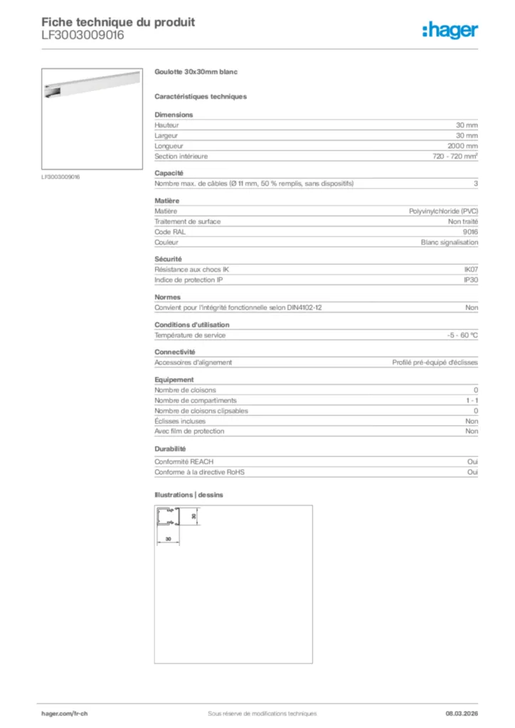 Image Hager Fiche technique du produit LF3003009016 | Hager Suisse