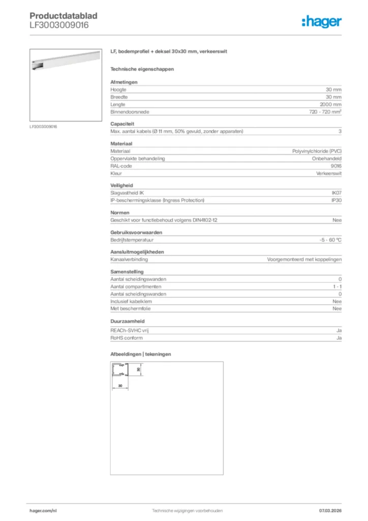 Afbeelding Hager Productdatablad LF3003009016 | Hager Nederland