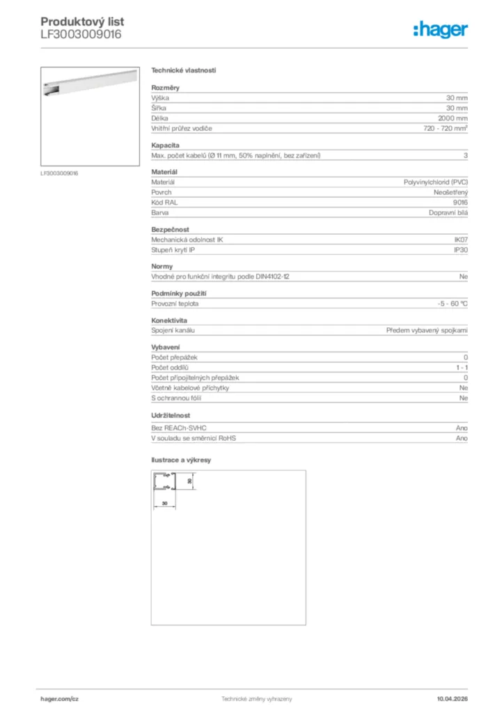 Obrázek Hager Product data sheet LF3003009016 | Hager