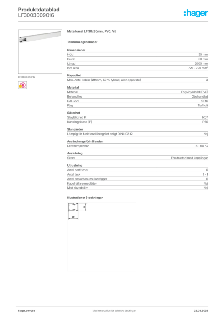 Bild Hager Produktdatablad LF3003009016 | Hager Sverige