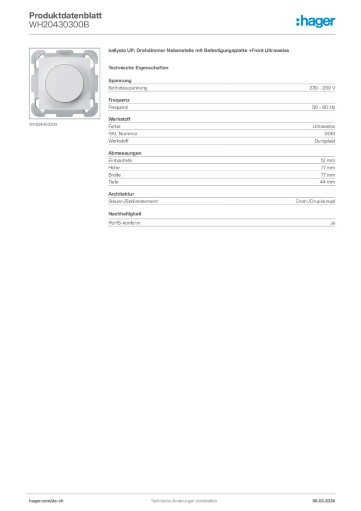 Bild Hager Produktdatenblatt WH20430300B | Hager Schweiz