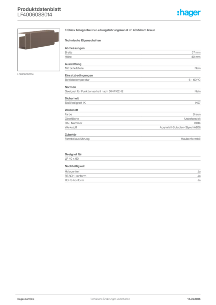 Bild Hager Produktdatenblatt LF4006088014 | Hager Deutschland