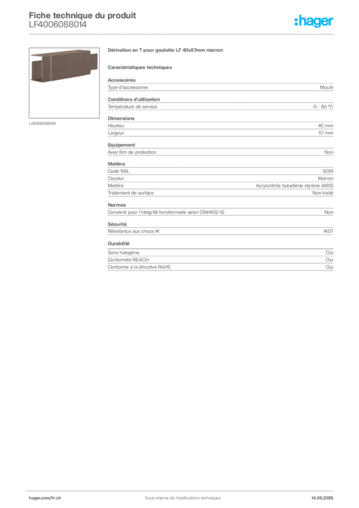 Image Hager Fiche technique du produit LF4006088014 | Hager Suisse