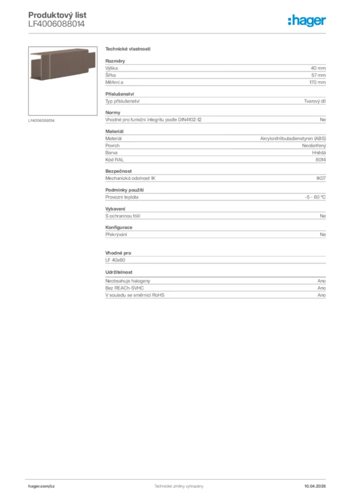 Obrázek Hager Product data sheet LF4006088014 | Hager