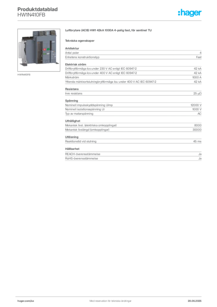 Bild Hager Produktdatablad HW1N410FB | Hager Sverige