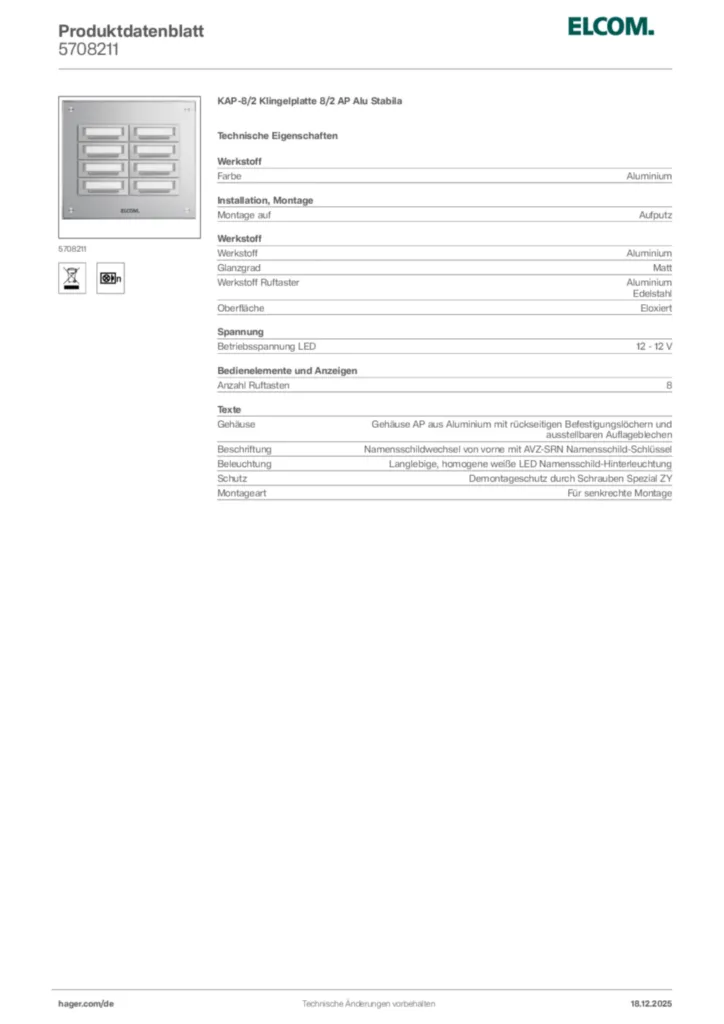 Bild Elcom Produktdatenblatt 5708211 | Hager Deutschland