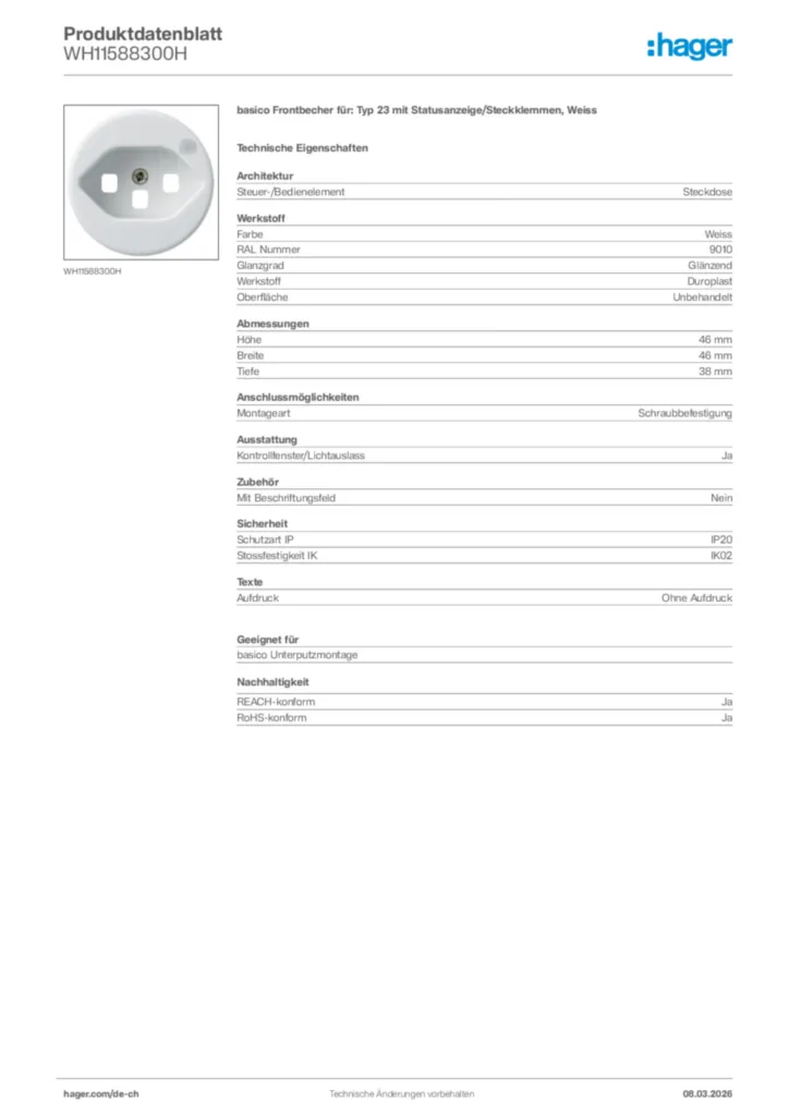 Bild Hager Produktdatenblatt WH11588300H | Hager Schweiz