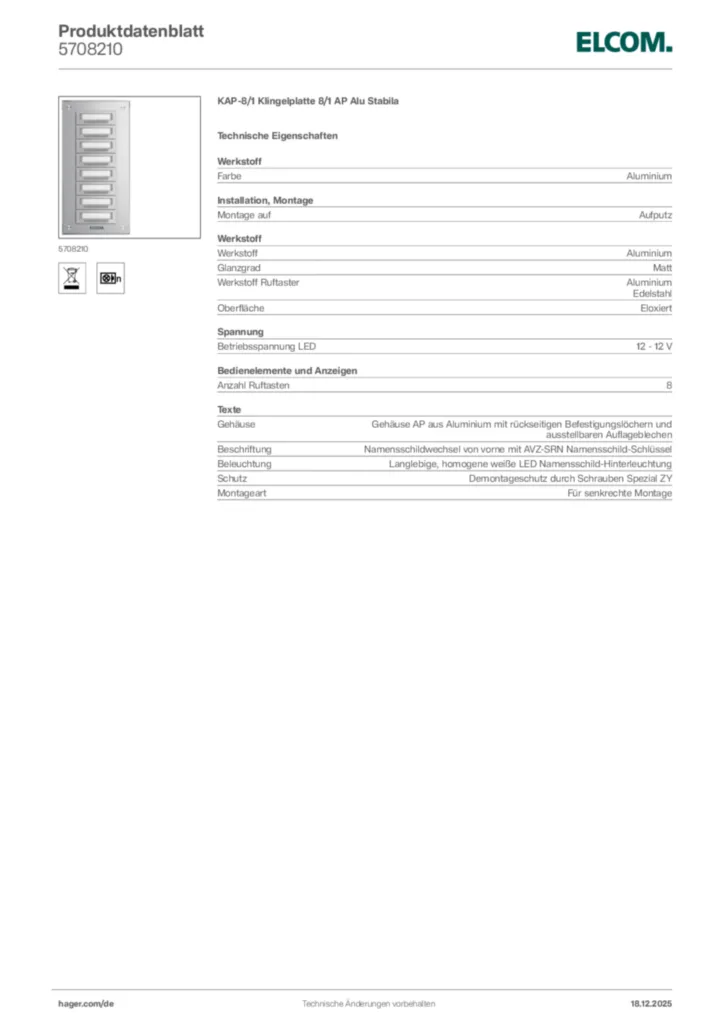 Bild Elcom Produktdatenblatt 5708210 | Hager Deutschland