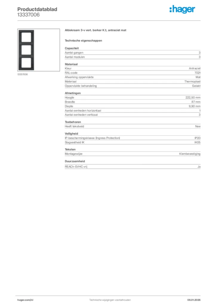 Afbeelding Hager Productdatablad 13337006 | Hager Nederland