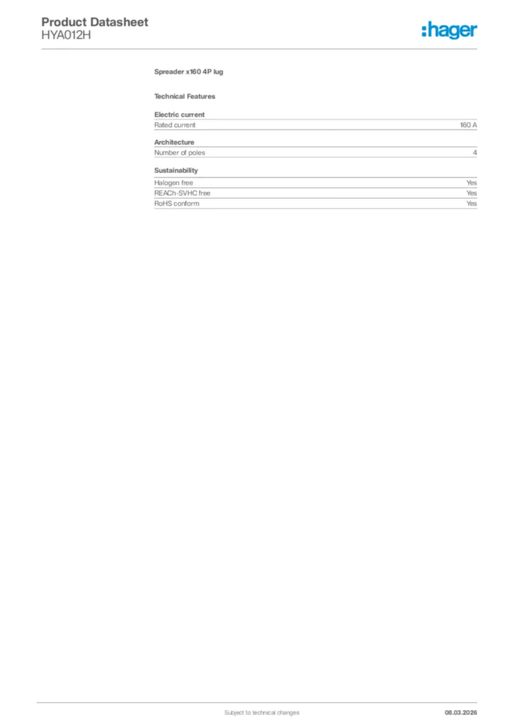 Image Hager Product data sheet HYA012H  | Hager Africa