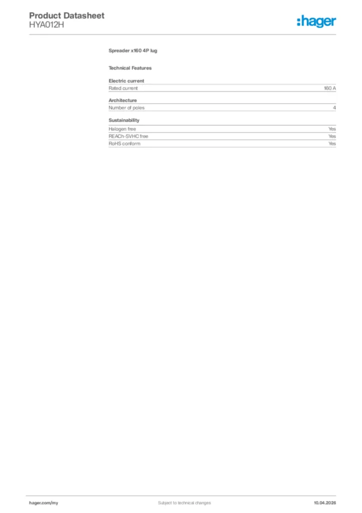 Image Hager Product data sheet HYA012H  | Hager