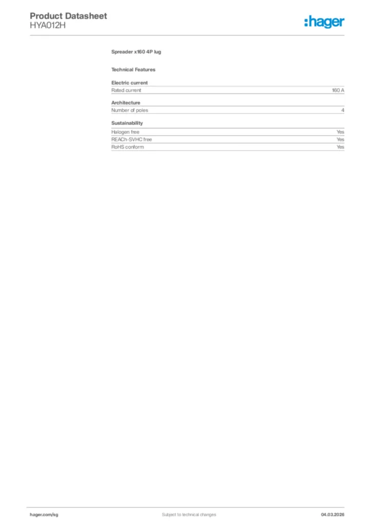 Image Hager Product data sheet HYA012H  | Hager