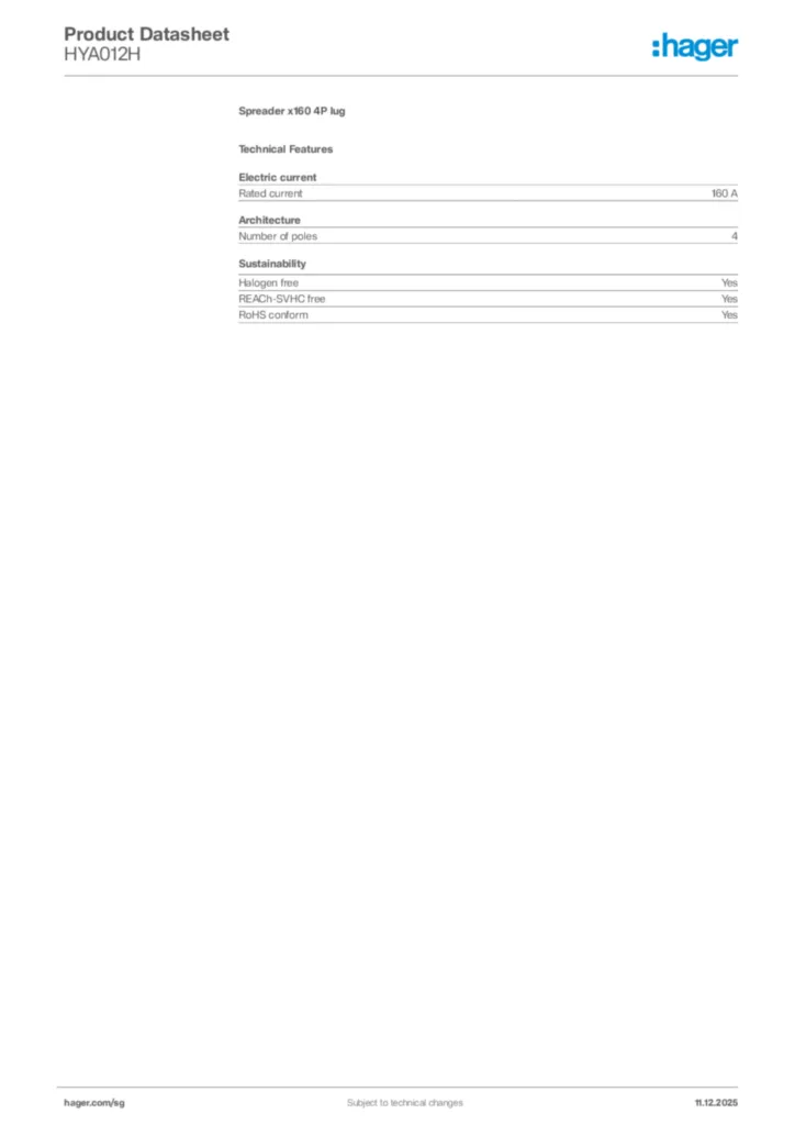 Image Hager Product data sheet HYA012H  | Hager