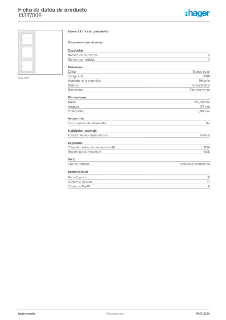 Imagen Hager Ficha de datos de producto 13337009 | Hager España