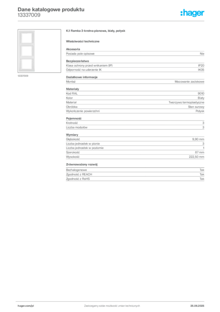 Zdjęcie Hager Karta katalogowa 13337009 | Hager Polska