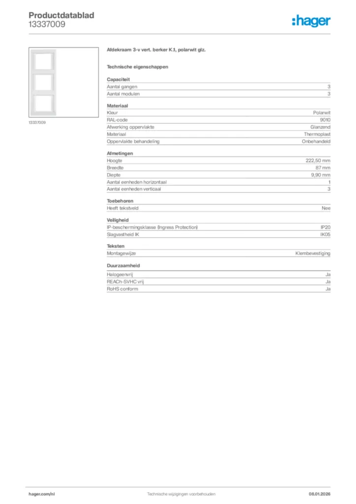 Afbeelding Hager Productdatablad 13337009 | Hager Nederland
