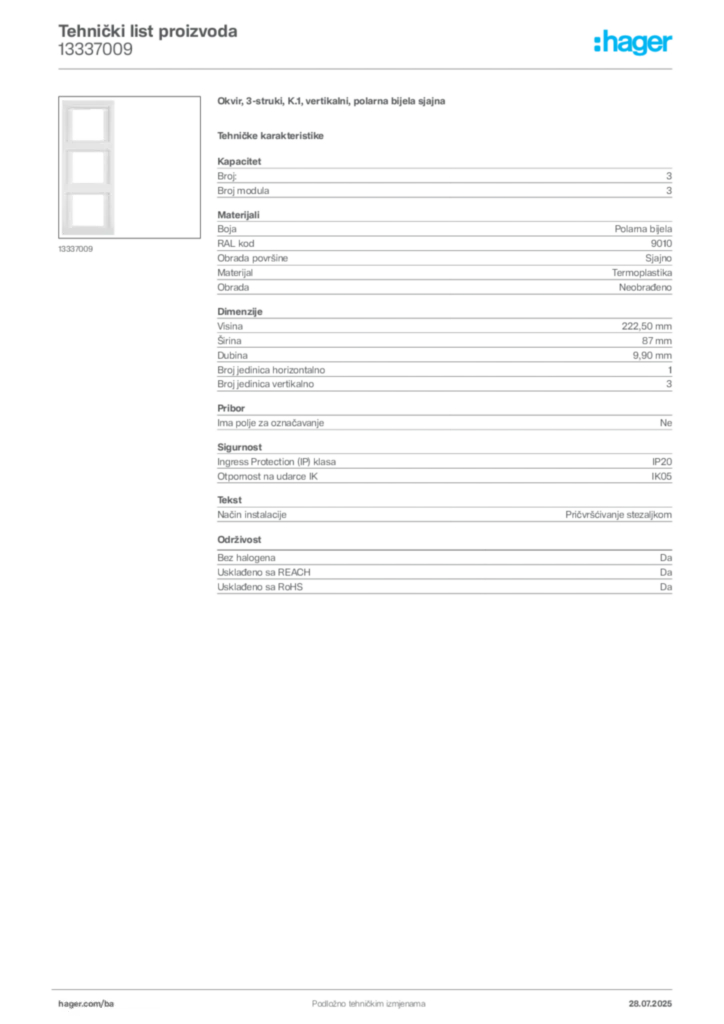 Slika Hager Product data sheet 13337009  | Hager